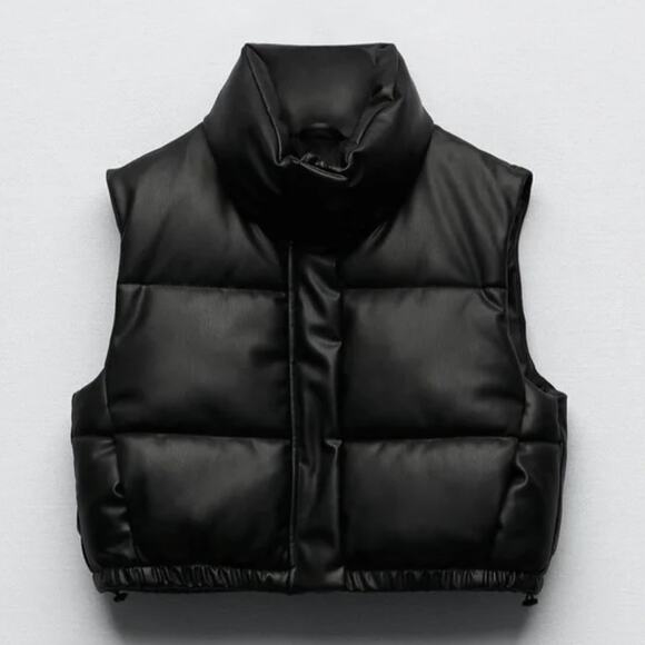 Zara Faux Leather Cropped Puffer Vest in Black Size XS - Picture 11 of 13